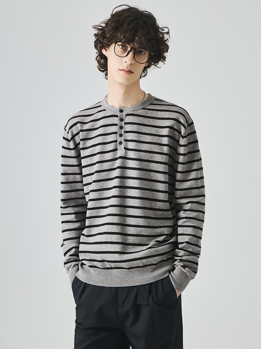 Men's Loose Henley Collar Striped Long-Sleeve Knit Sweater