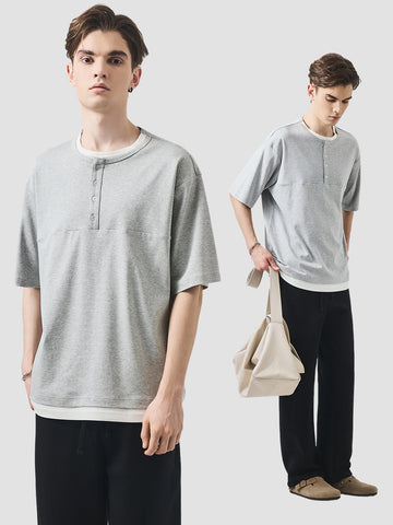 Men's Loose Layered-Look Henley T-Shirt, Short-Sleeve Faux Two-Piece Tee