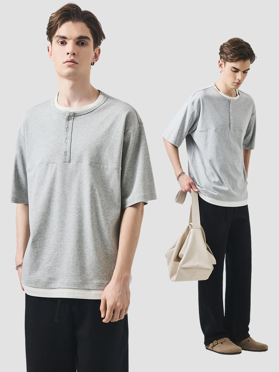 Men's Loose Layered-Look Henley T-Shirt, Short-Sleeve Faux Two-Piece Tee