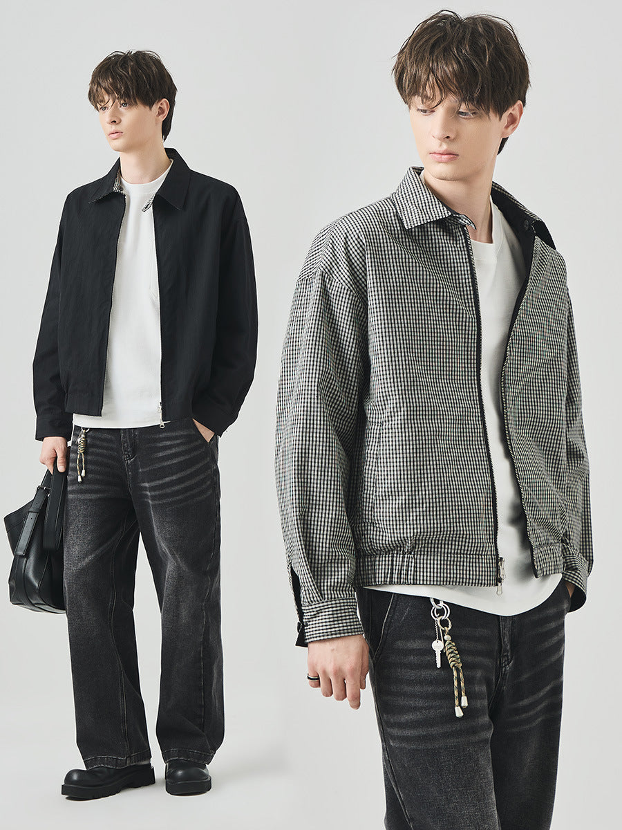 Men's Loose Reversible Zip-Up Jacket with Lapel Collar