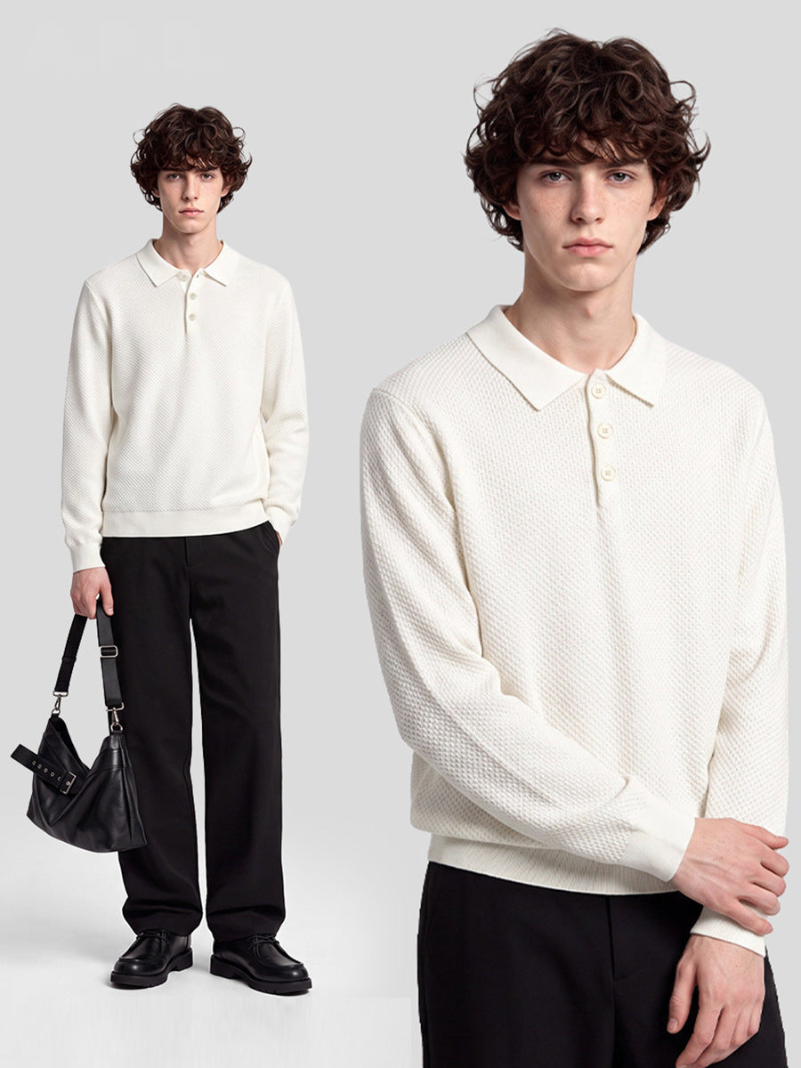 Men's Loose Long-Sleeve Knit Polo Sweater