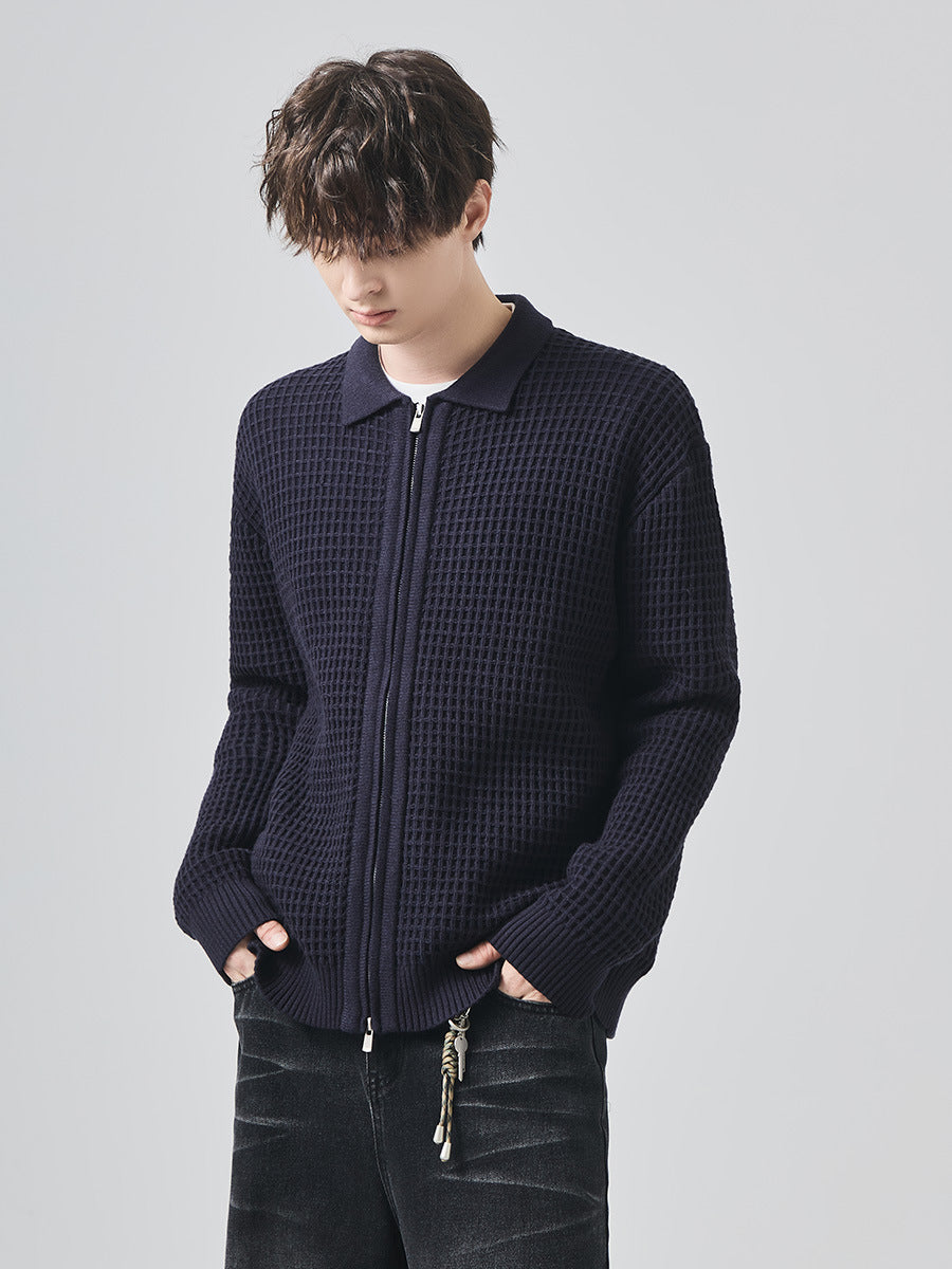 Men's Loose Zip-Up Waffle Knit Cardigan Jacket