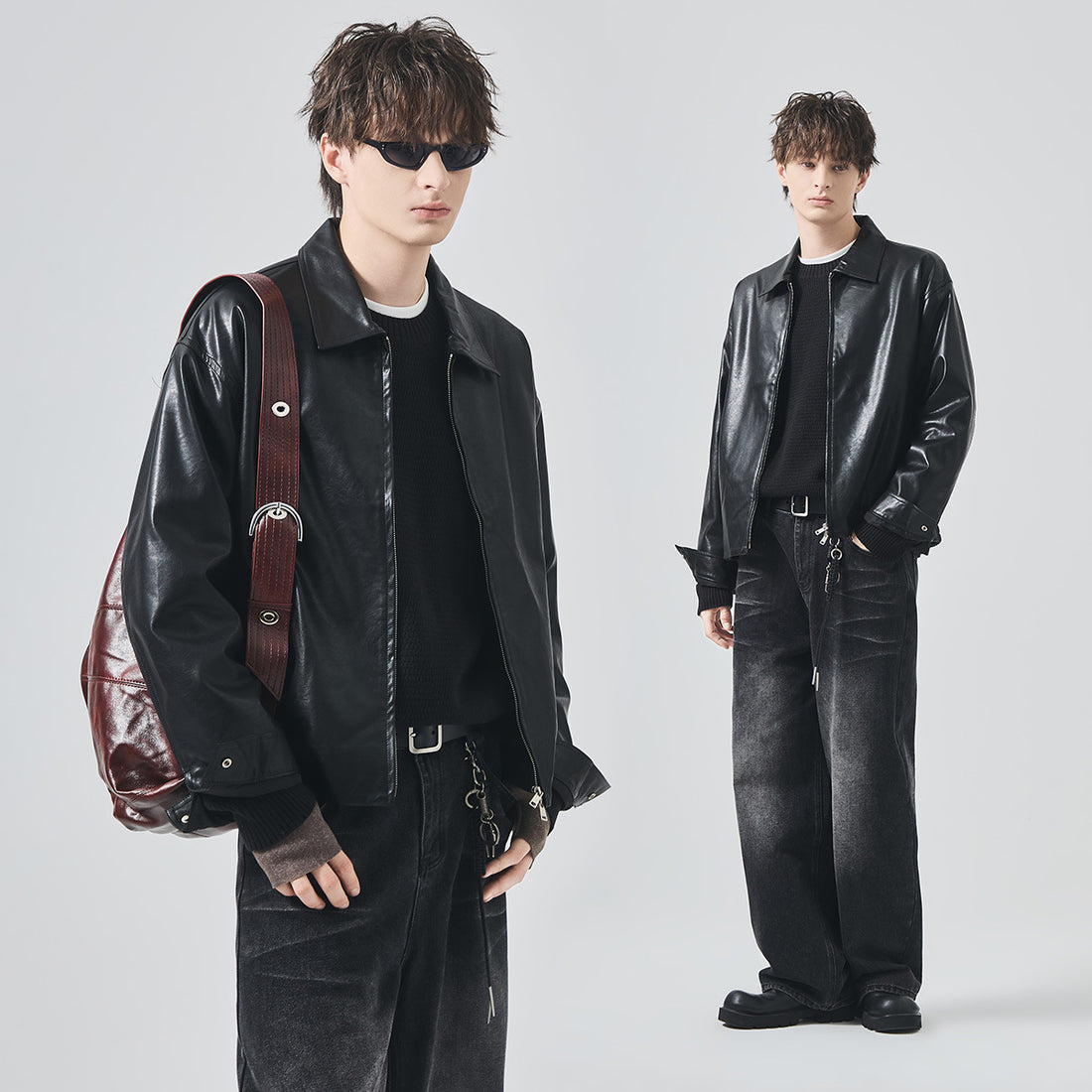 Men's Loose PU Leather Zip-Up Jacket