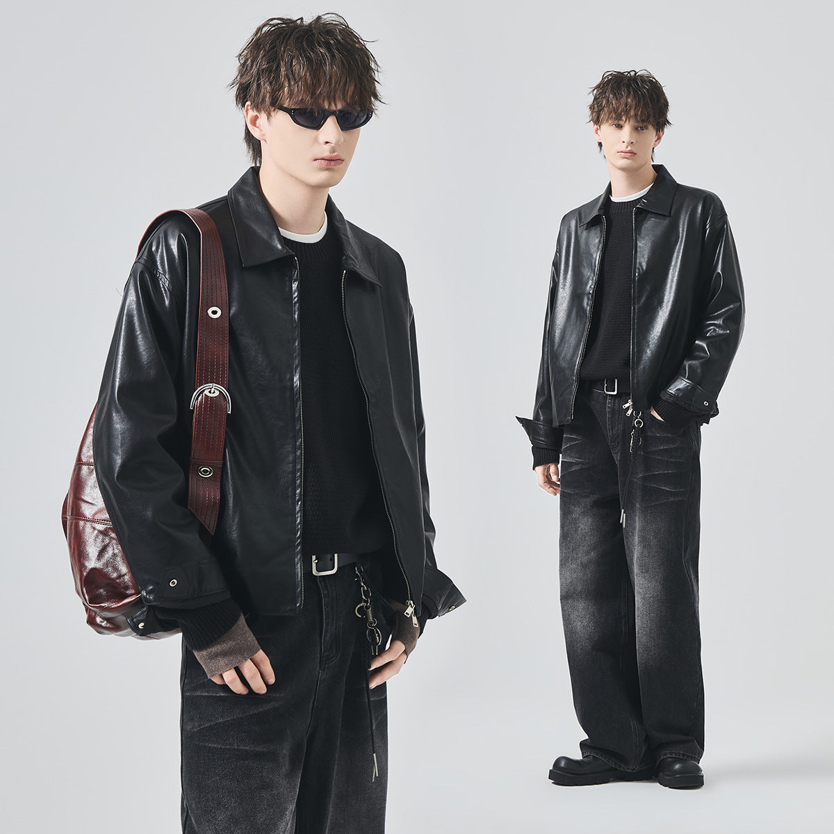 Men's Loose PU Leather Zip-Up Jacket
