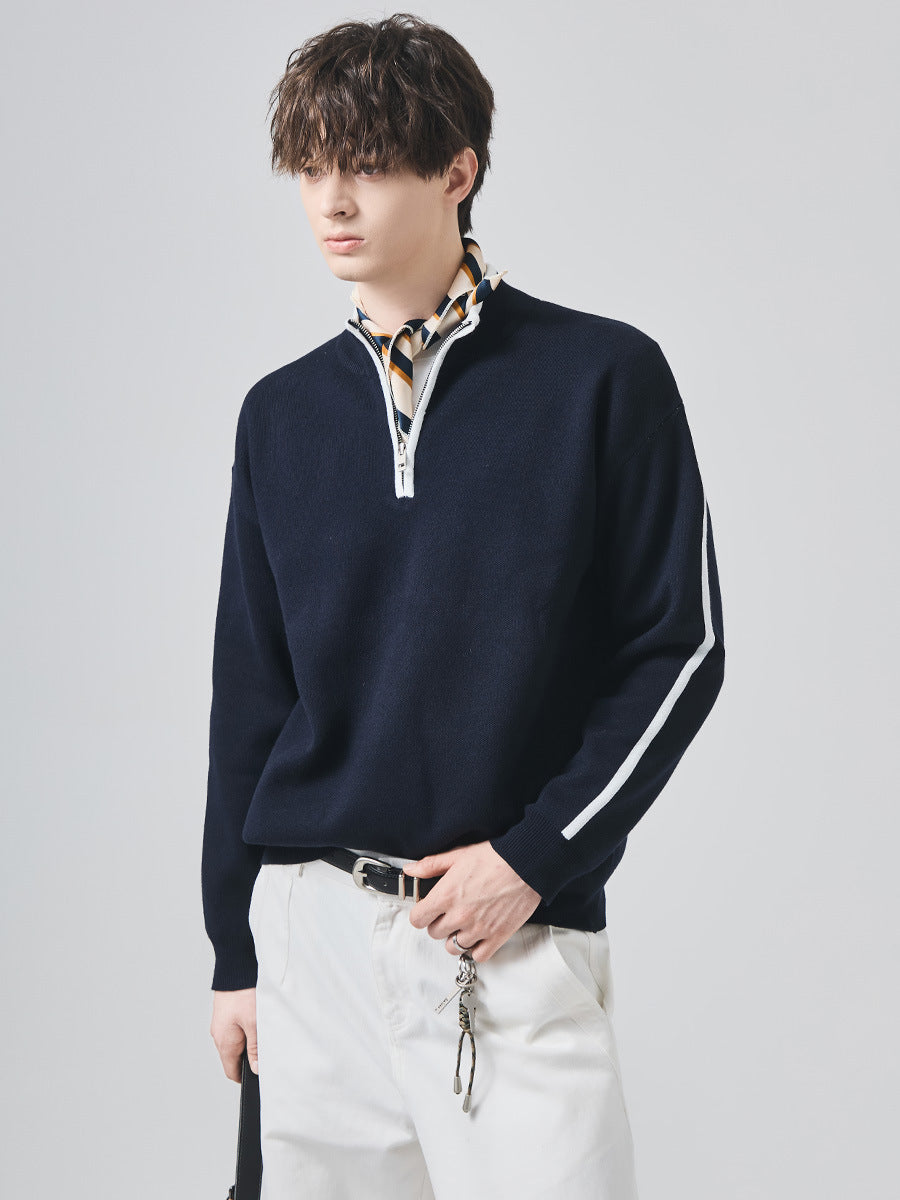 Men's Loose Half-Zip Contrast Stripe Knit Sweater