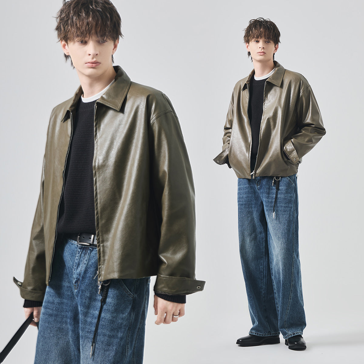 Men's Loose PU Leather Zip-Up Jacket