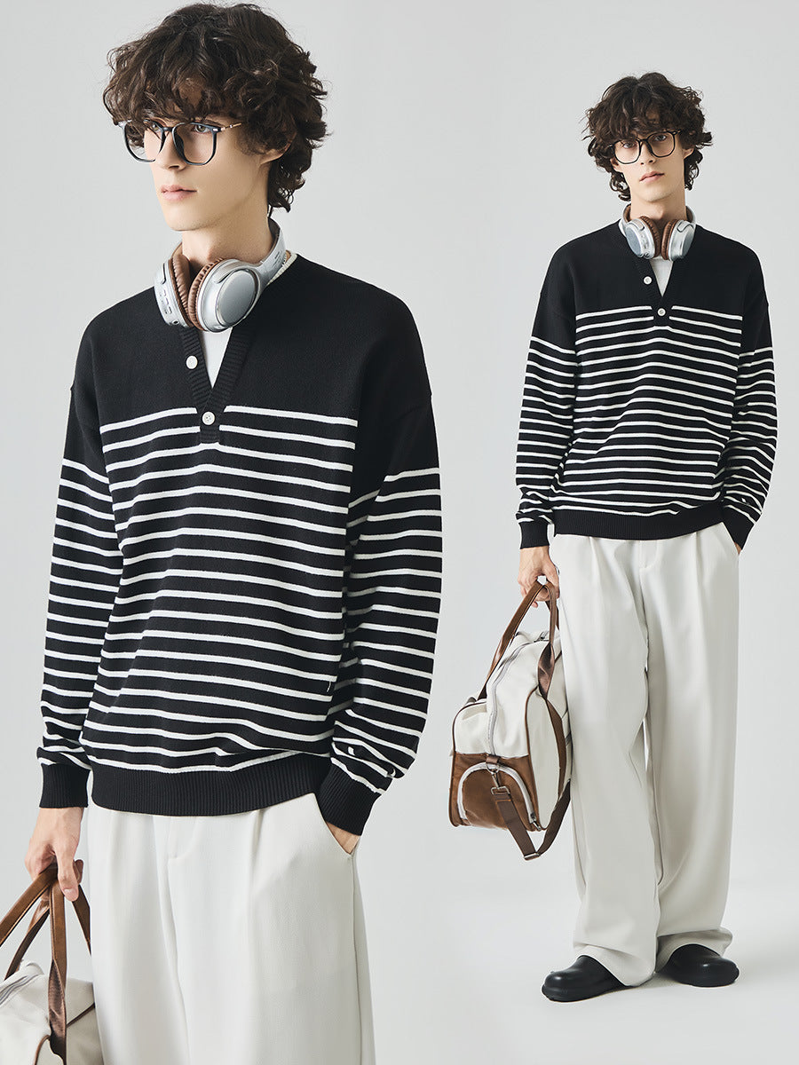 Men's Loose Striped Henley Knit Sweater