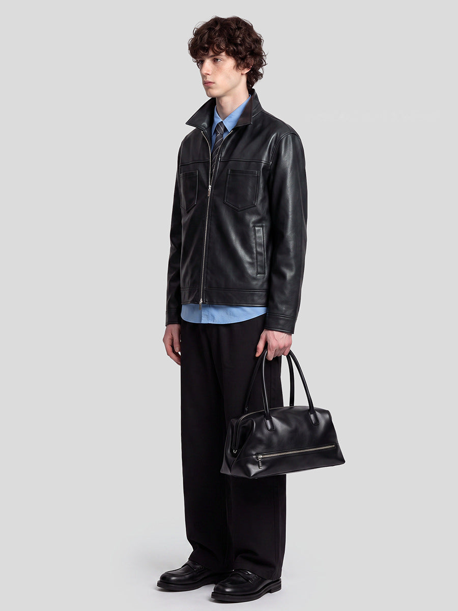 Men's Loose PU Leather Zip-Up Jacket with Collar