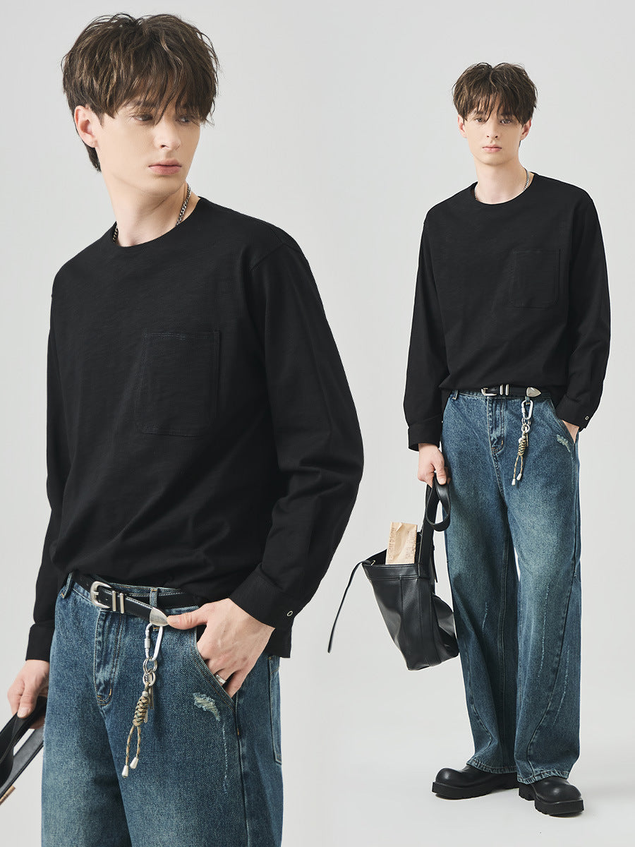 Men's Loose Long-Sleeve Cotton T-Shirt, Slub Cotton Pocket Tee