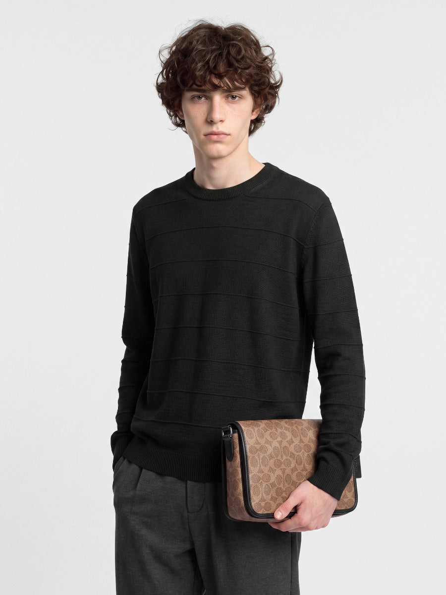 Men's Loose Round-Neck Textured Stripe Knit Sweater