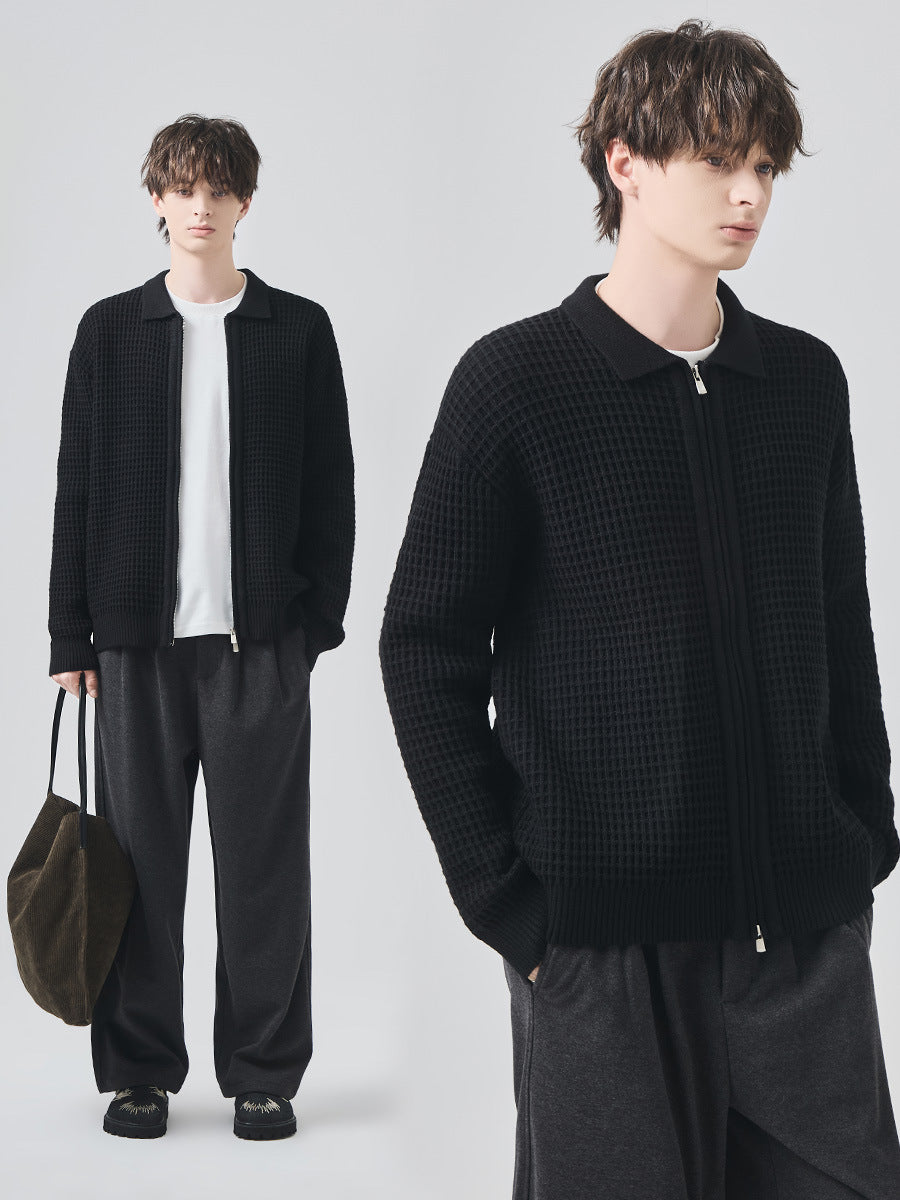 Men's Loose Zip-Up Waffle Knit Cardigan Jacket