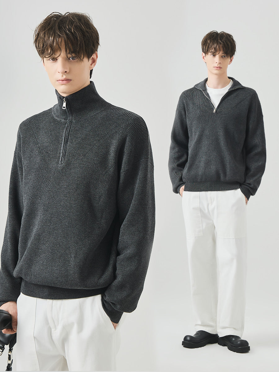 Men's Loose Half-Zip High Collar Knit Sweater