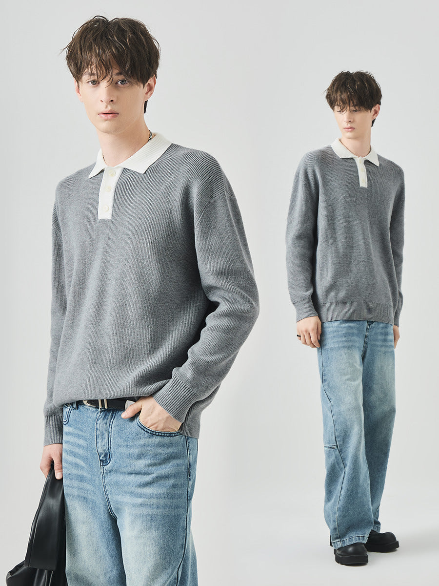 Men's Loose Contrast Collar Polo Knit Sweater
