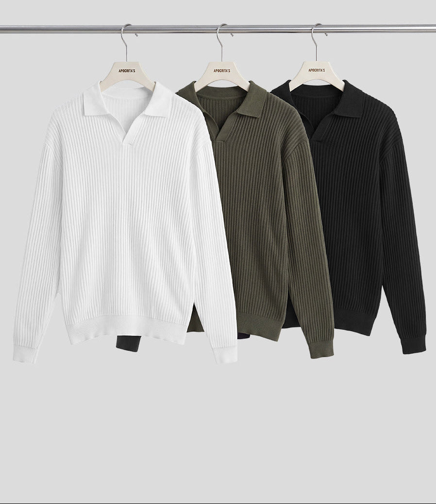 Men's Loose Polo Collar Ribbed Cotton Knit Sweater