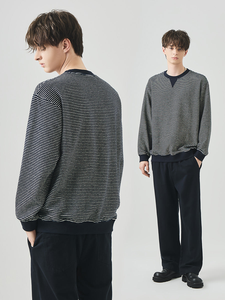 Men's Loose Contrast Stripe Pullover, Crew Neck Long-Sleeve Sweatshirt