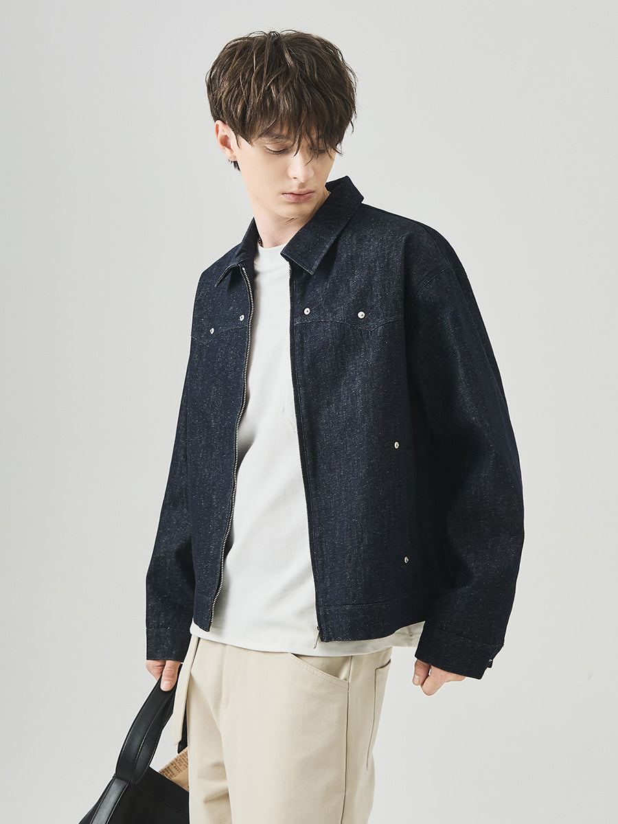 Men's Loose Studded Denim Jacket with Lapel Collar