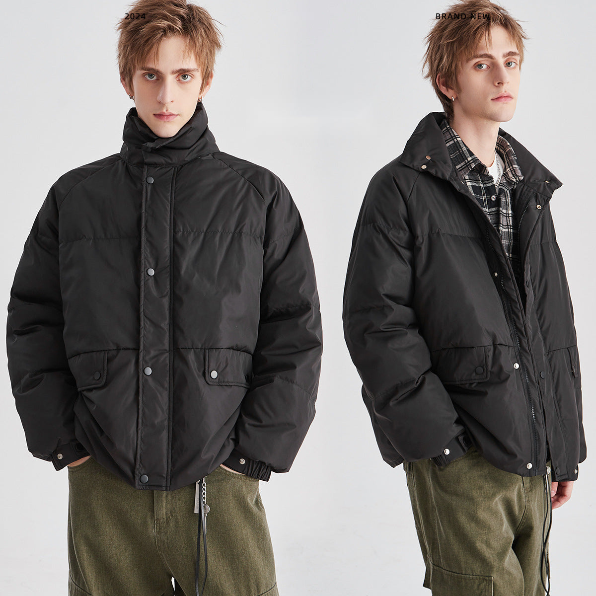 Men's Loose Windproof White Duck Down Stand-Collar Jacket