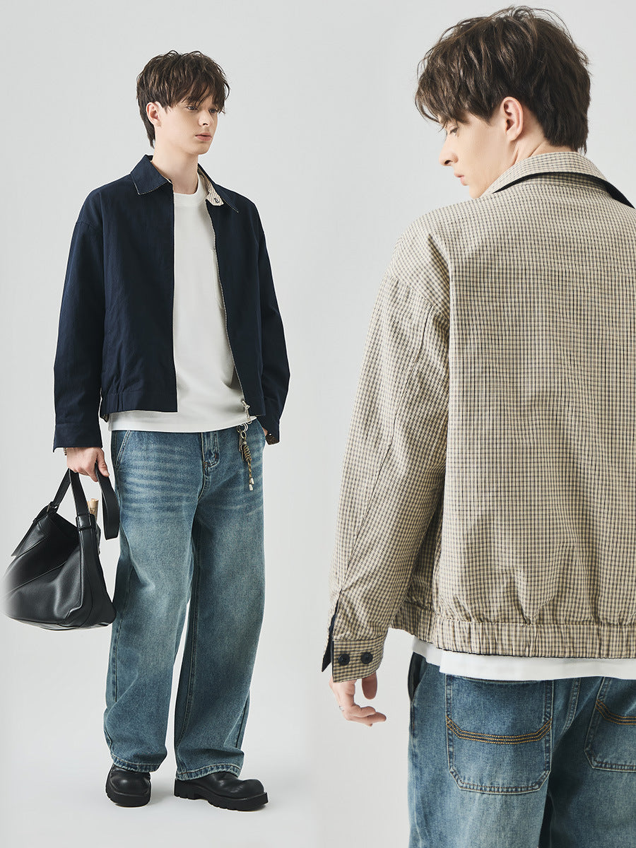 Men's Loose Reversible Zip-Up Jacket with Lapel Collar