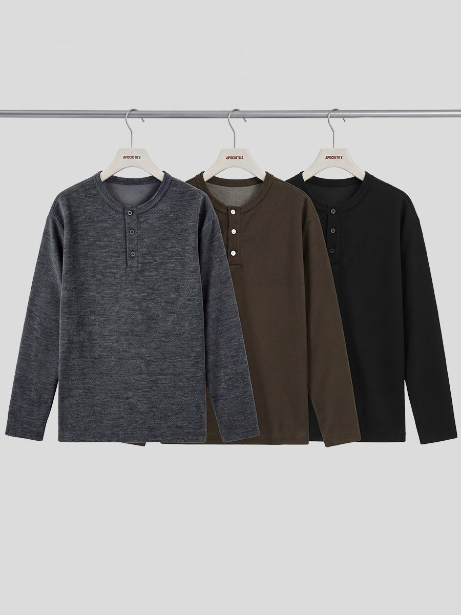 Men's Loose Henley Long-Sleeve T-Shirt, Button Placket Layering Top