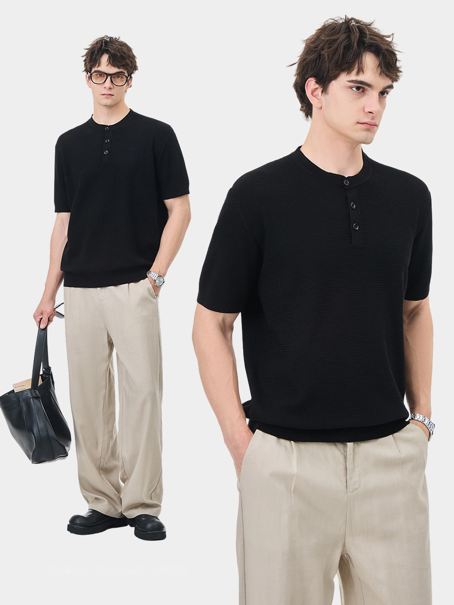 Men's Henley Collar Short-Sleeve Knit T-Shirt