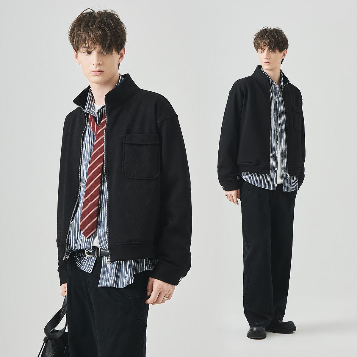 Men's Loose Fleece-Lined Stand-Collar Zip-Up Jacket
