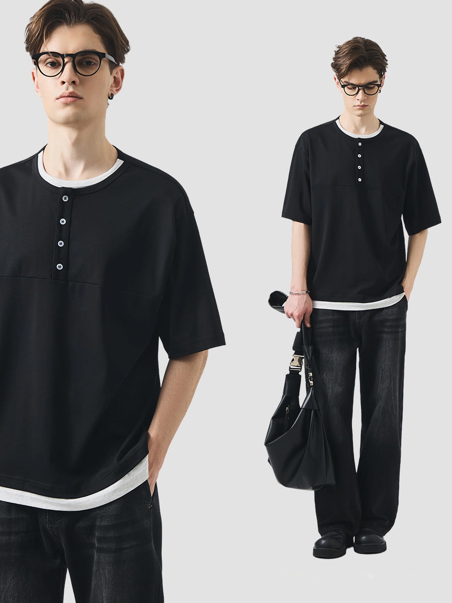 Men's Loose Layered-Look Henley T-Shirt, Short-Sleeve Faux Two-Piece Tee