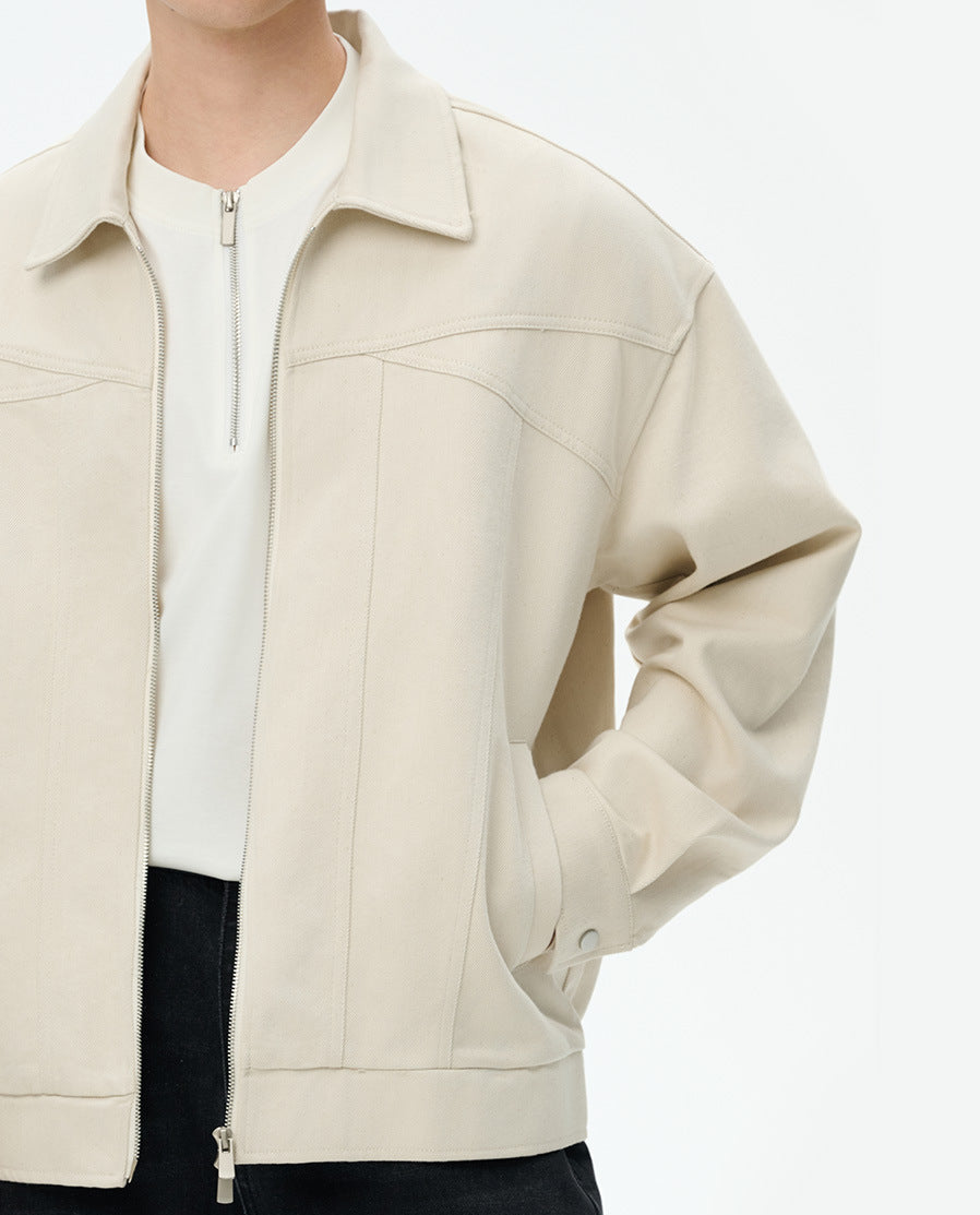 Men's Loose Washed Zip-Up Jacket with Lapel Collar
