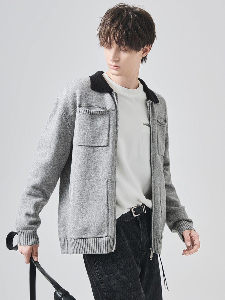 Men's Loose Lapel Knit Cardigan Jacket with Contrast Color