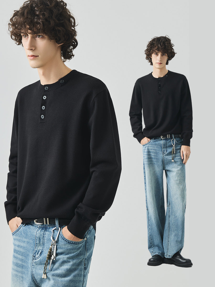 Men's Straight-Fit Henley Collar Knit Pullover Sweater