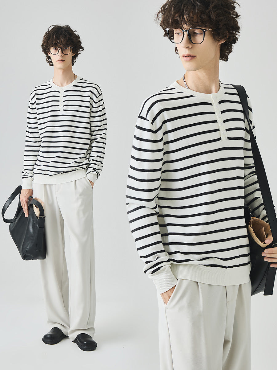 Men's Loose Henley Collar Striped Long-Sleeve Knit Sweater