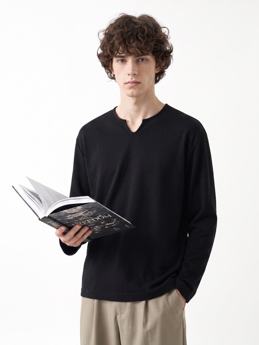 Men's Loose V-Neck Long-Sleeve T-Shirt, Cotton Blend Pullover