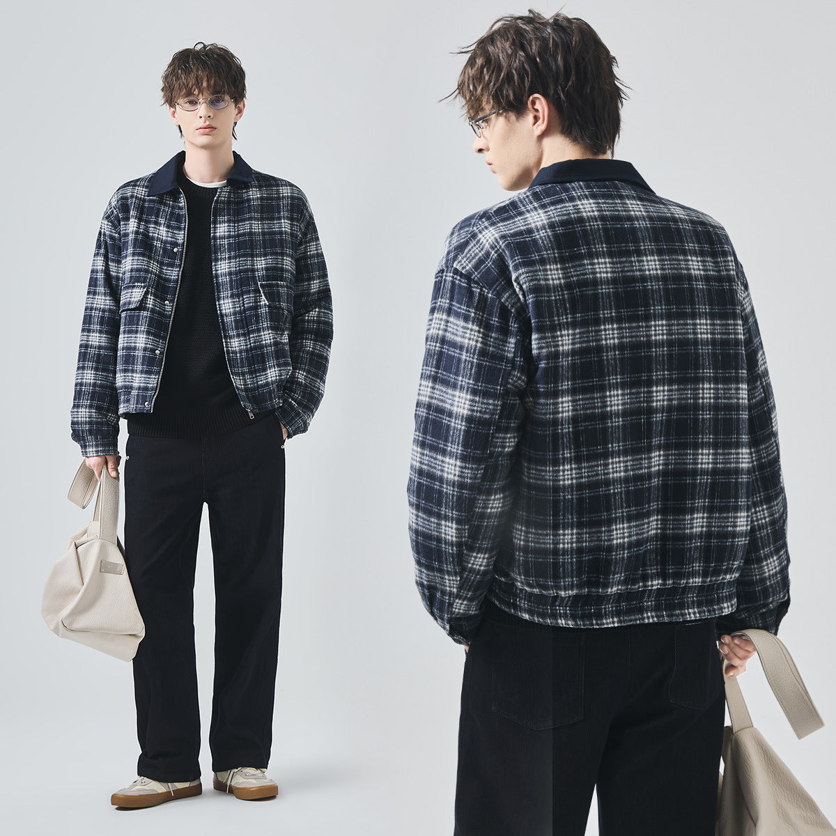 Men's Loose Thickened Plaid Woolen Zip-Up Jacket