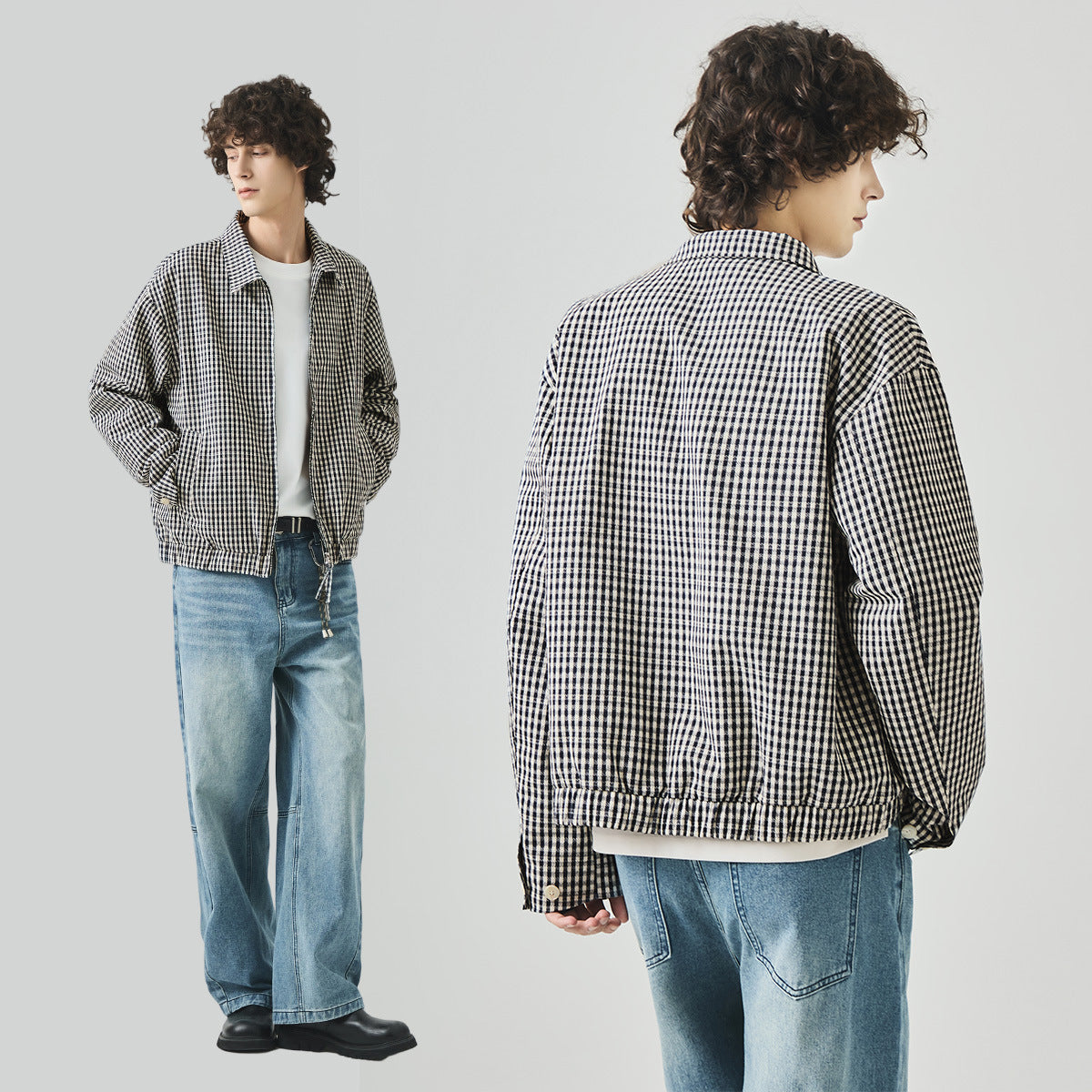 Men's Loose Plaid Zip-Up Casual Jacket