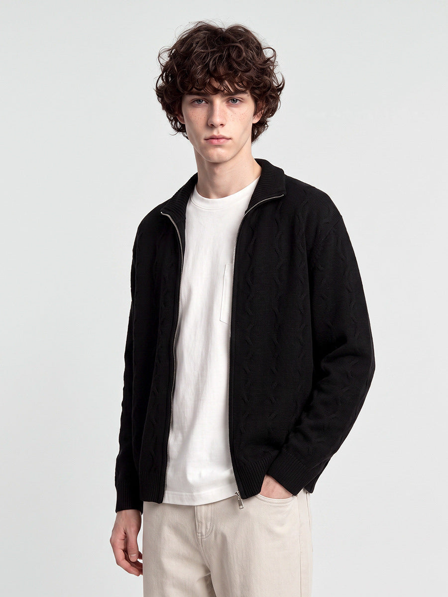 Men's Loose Half-High Collar Zip-Up Knit Cardigan