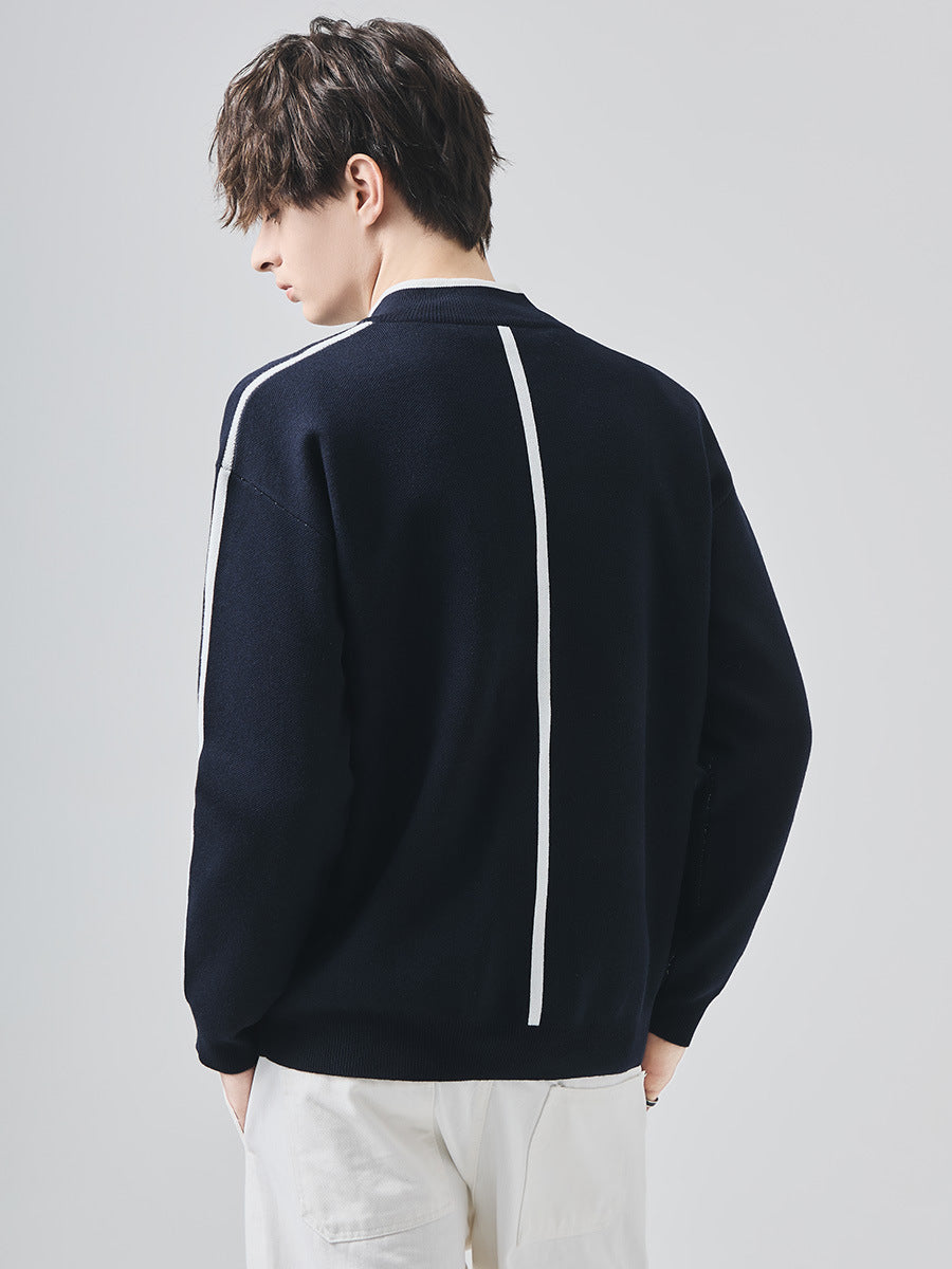 Men's Loose Half-Zip Contrast Stripe Knit Sweater