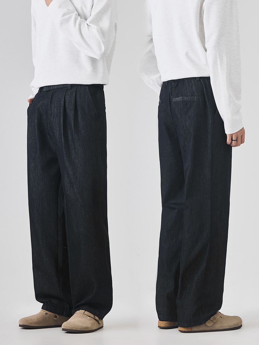 Men's Pleated Straight-Leg Denim Trousers