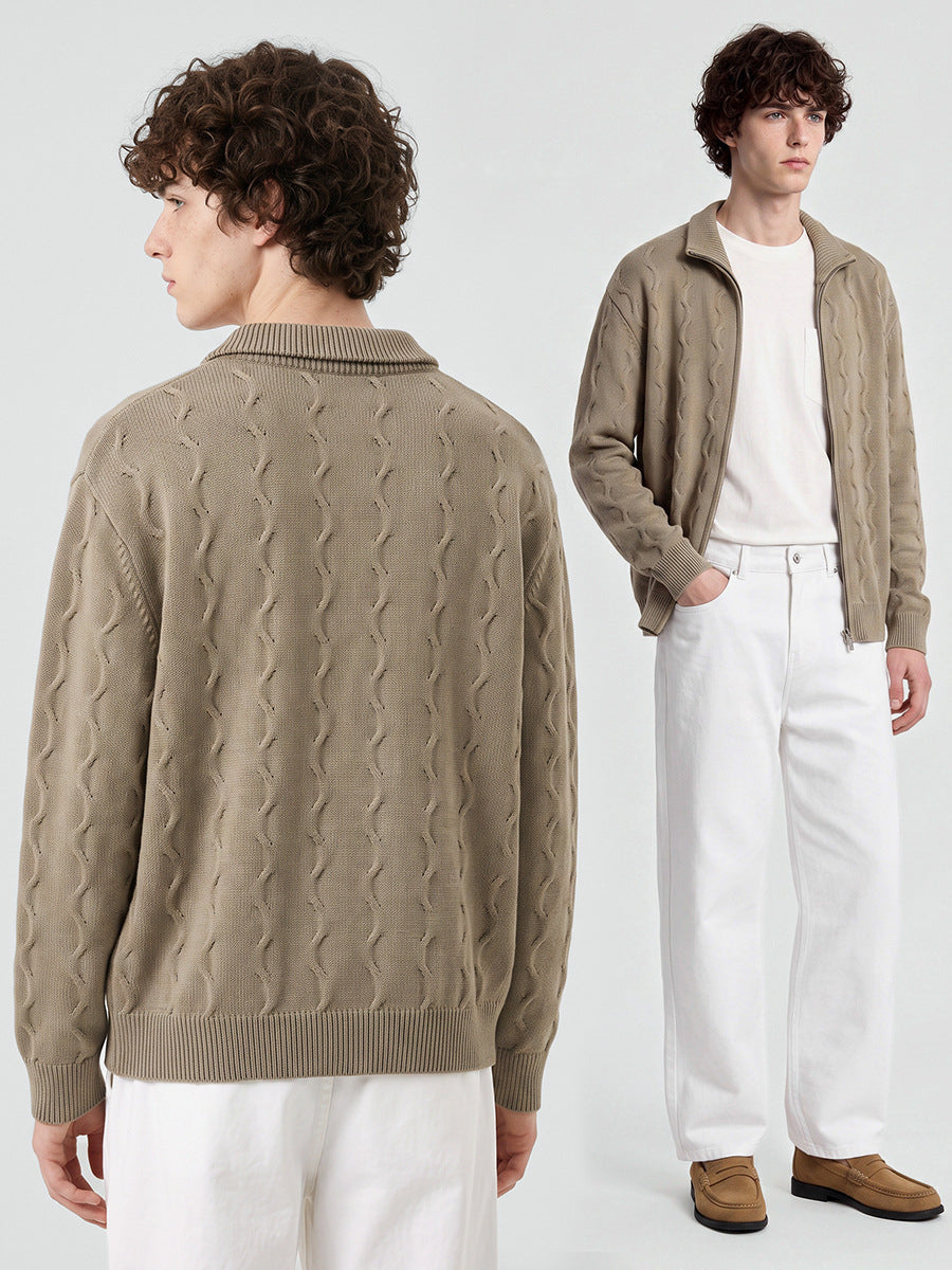 Men's Loose Half-High Collar Zip-Up Knit Cardigan