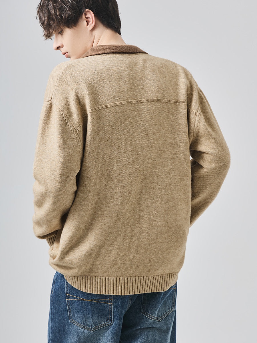 Men's Loose Lapel Knit Cardigan Jacket with Contrast Color