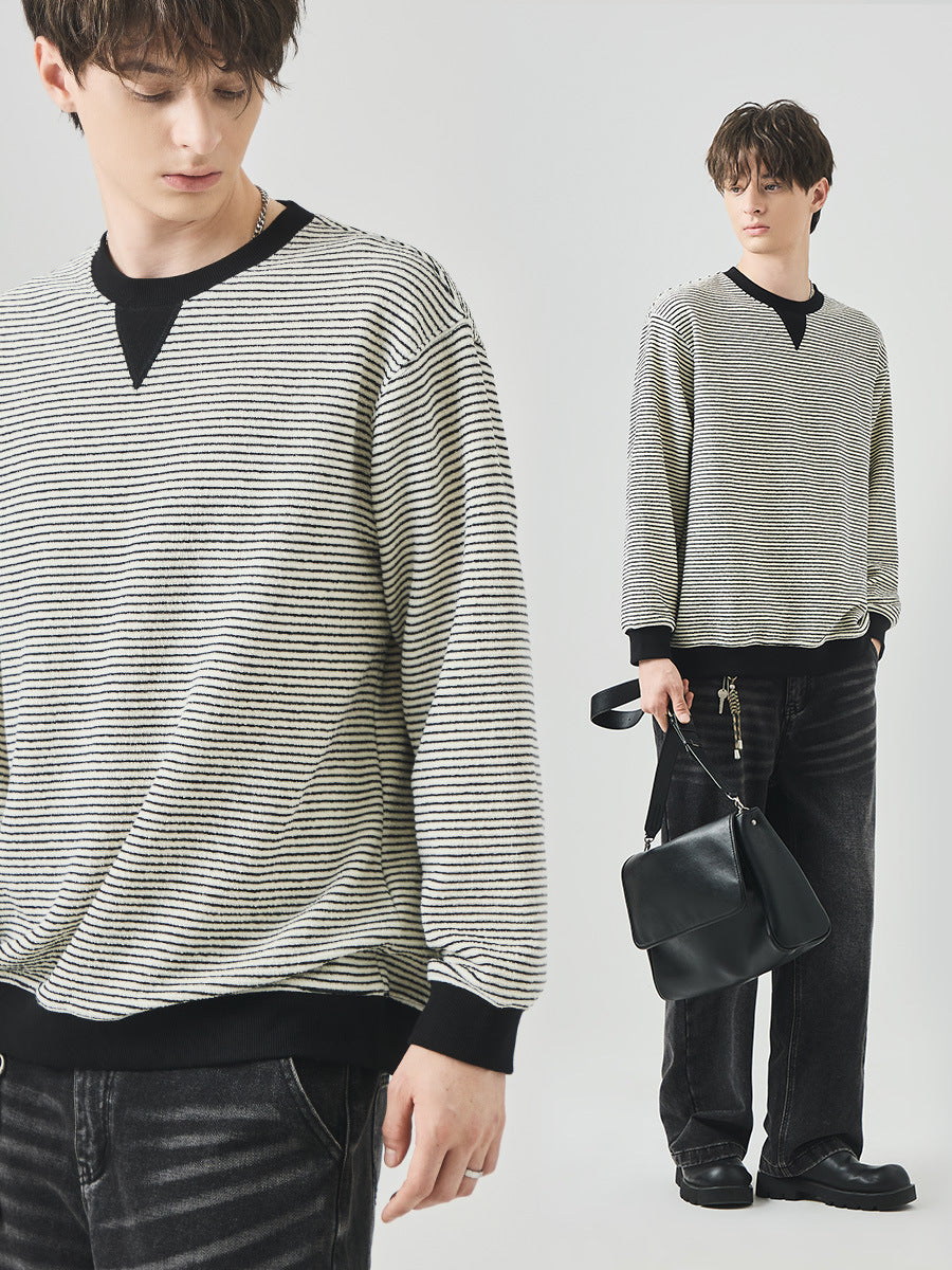 Men's Loose Contrast Stripe Pullover, Crew Neck Long-Sleeve Sweatshirt