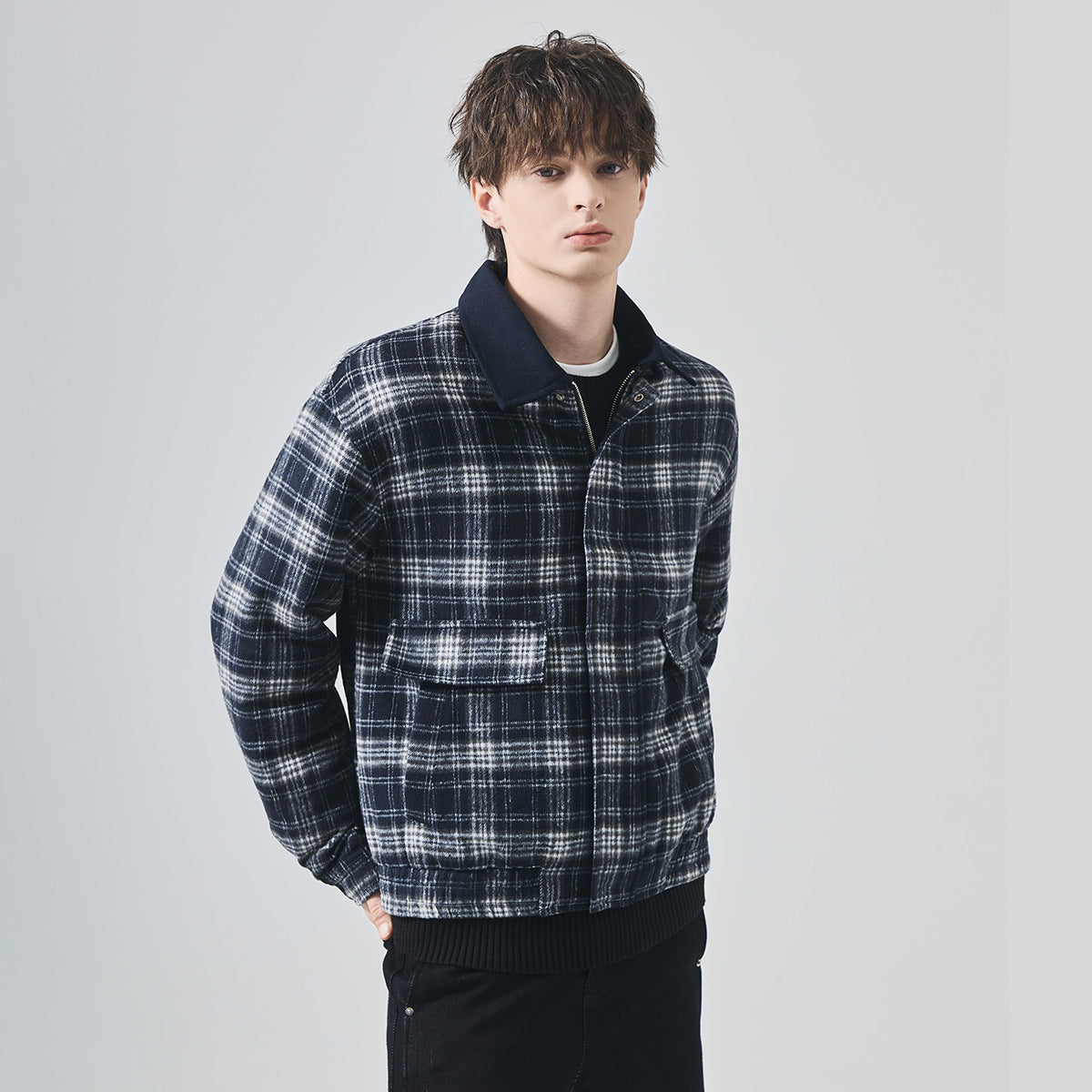 Men's Loose Thickened Plaid Woolen Zip-Up Jacket