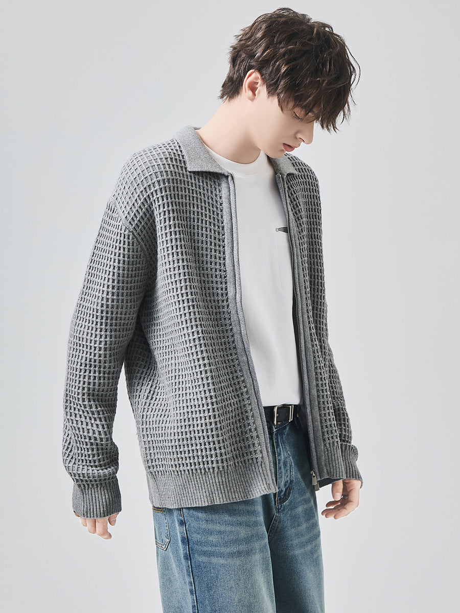 Men's Loose Zip-Up Waffle Knit Cardigan Jacket