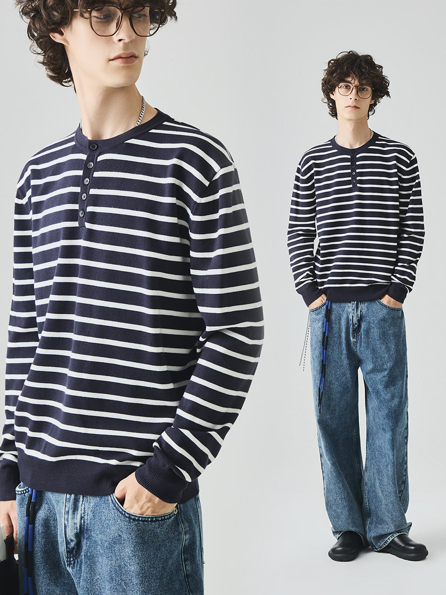 Men's Loose Henley Collar Striped Long-Sleeve Knit Sweater