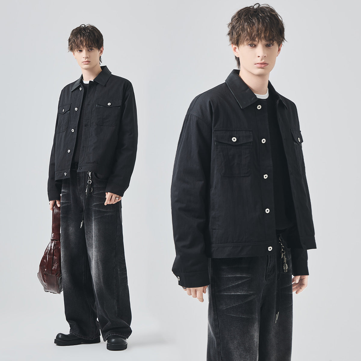 Men's Loose Thickened Contrast-Collar Button-Up Jacket