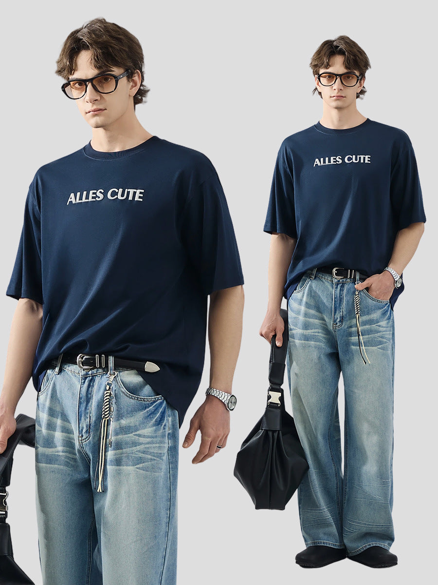 Men's Loose Cooling Short-Sleeve T-Shirt, Puff Print Crew Neck Tee