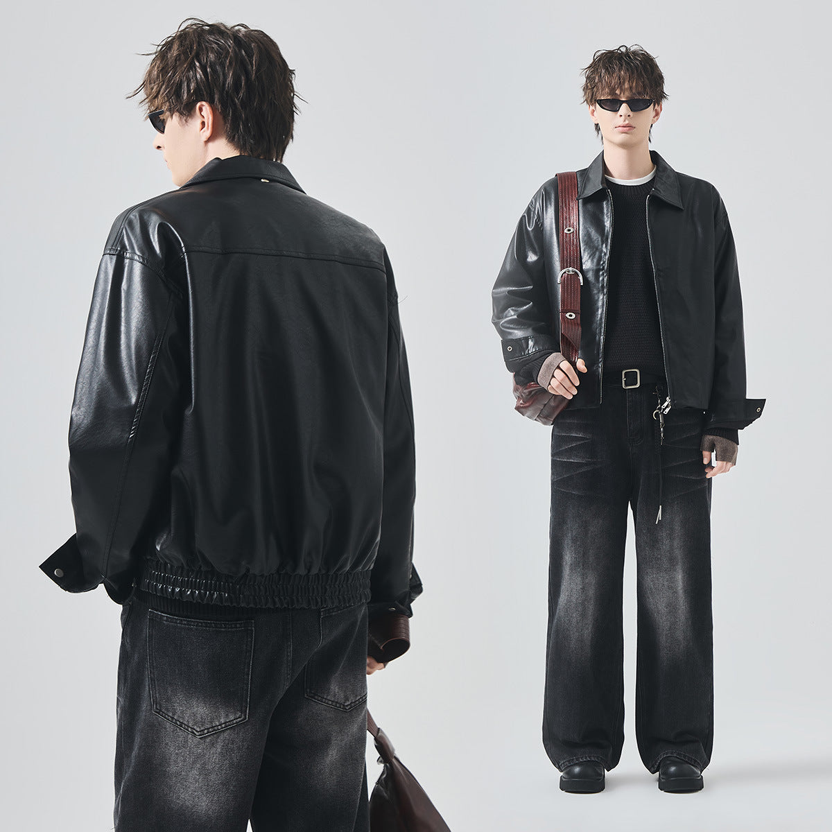 Men's Loose PU Leather Zip-Up Jacket