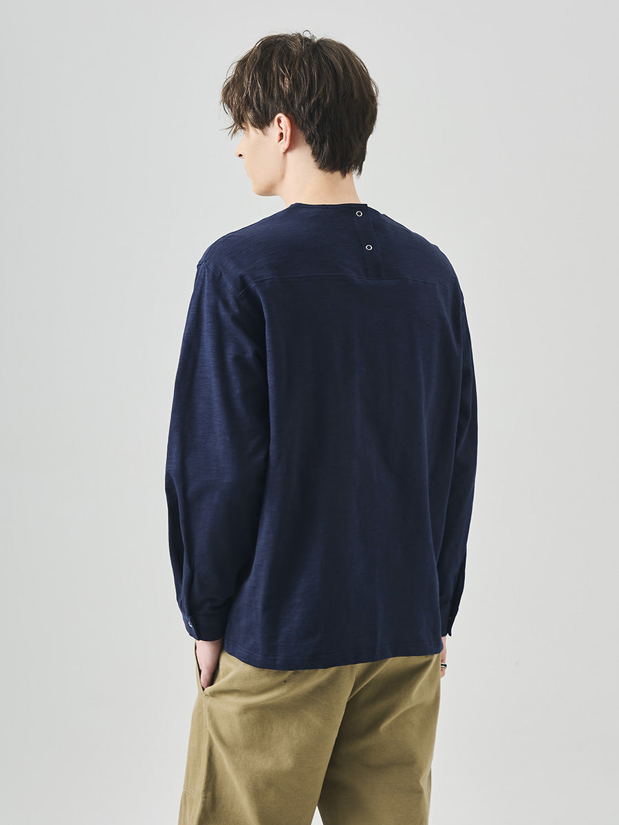 Men's Loose Long-Sleeve Cotton T-Shirt, Slub Cotton Pocket Tee