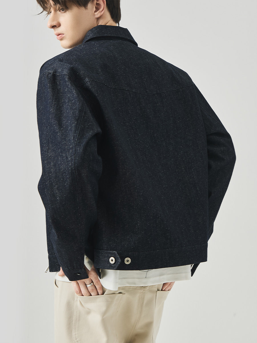 Men's Loose Studded Denim Jacket with Lapel Collar