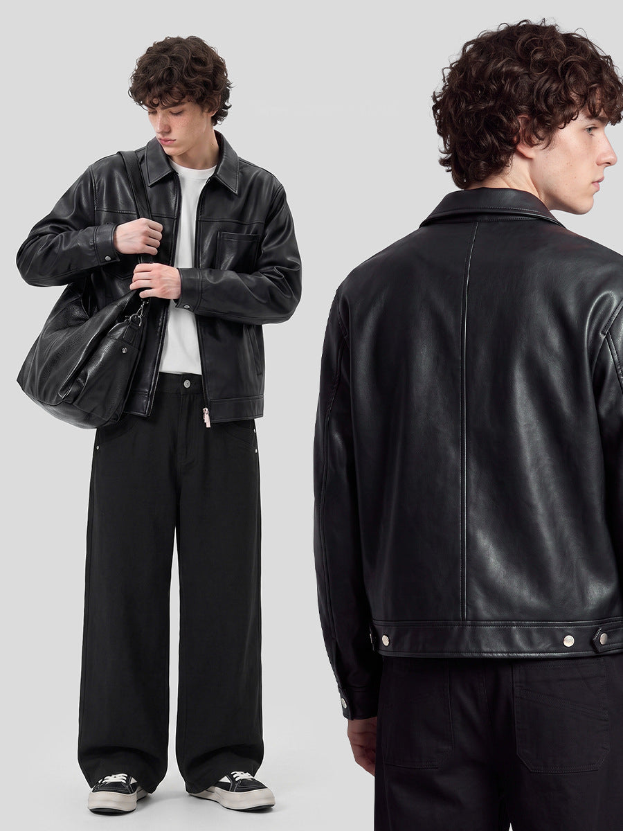 Men's Loose PU Leather Zip-Up Jacket with Collar