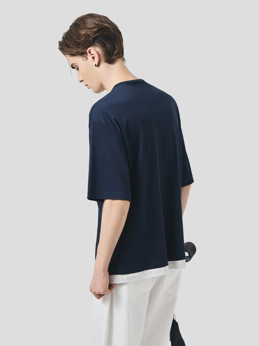 Men's Loose Layered-Look Henley T-Shirt, Short-Sleeve Faux Two-Piece Tee