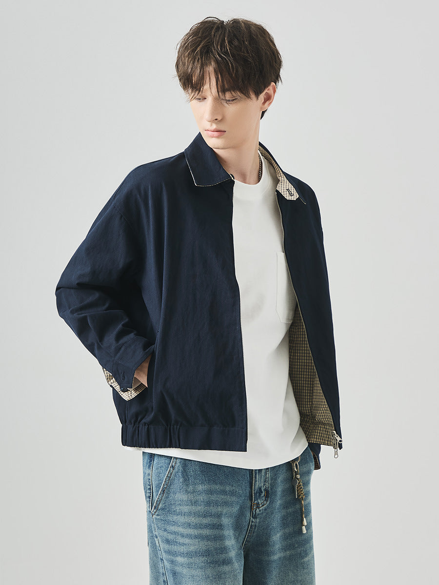 Men's Loose Reversible Zip-Up Jacket with Lapel Collar